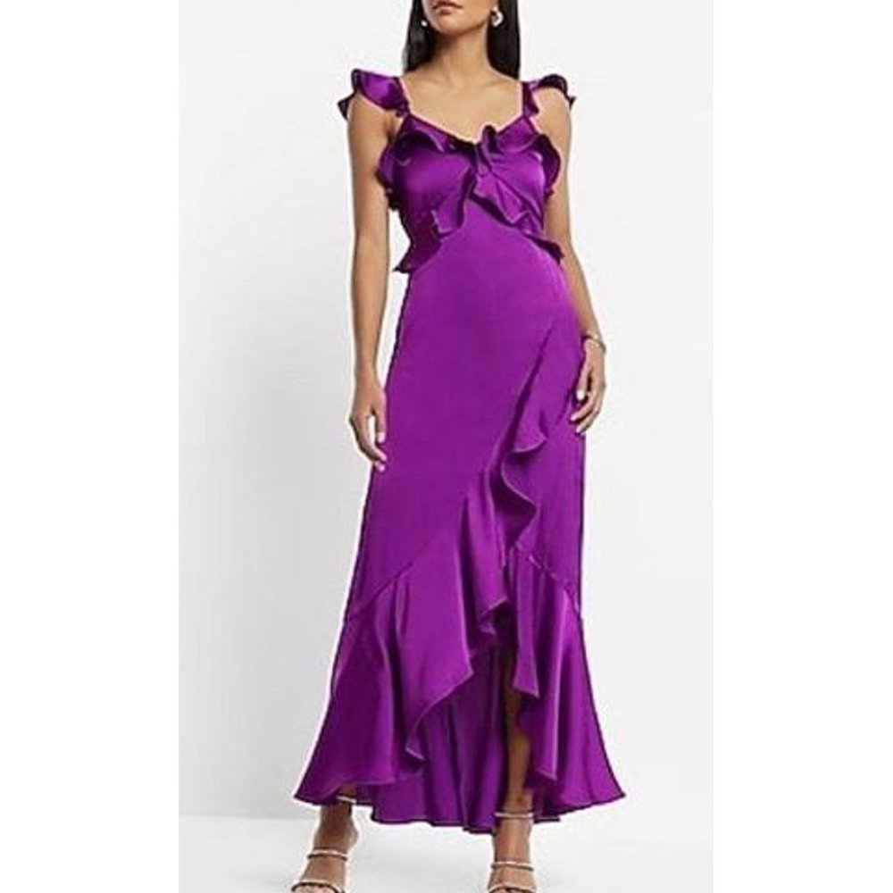 Express Purple Satin V-Neck Ruffle Hi-Lo Maxi Dress Size XL